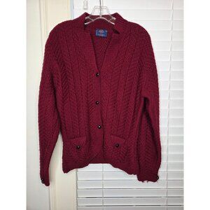 VTG Womens Red 100% Wool Shawl Cardigan Sweater L peplum chunky Academia classic